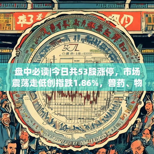 盘中必读|今日共53股涨停，市场震荡走低创指跌1.86%，兽药、物流板块逆势大涨